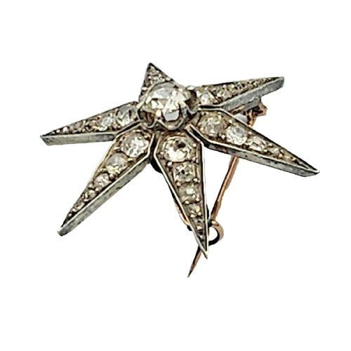 ANTIQUE VICTORIAN 372 CARAT OLD EUROPEAN CUT DIAMOND GOLD SILVER STAR BROOCH - ADDITIONAL PHOTO 6