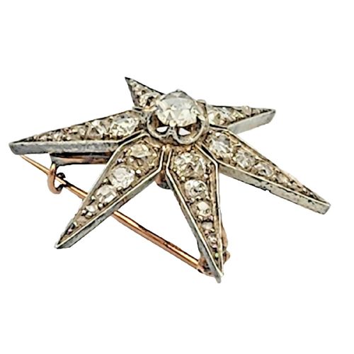 ANTIQUE VICTORIAN 372 CARAT OLD EUROPEAN CUT DIAMOND GOLD SILVER STAR BROOCH - ADDITIONAL PHOTO 7