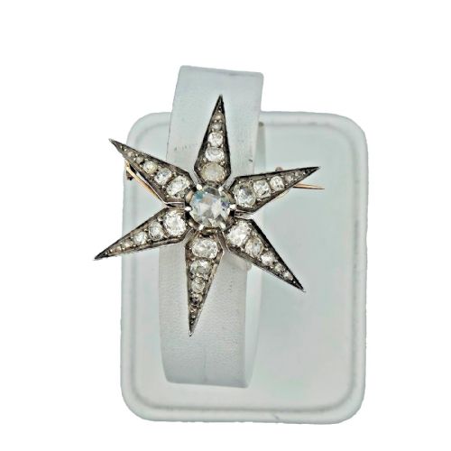 ANTIQUE VICTORIAN 372 CARAT OLD EUROPEAN CUT DIAMOND GOLD SILVER STAR BROOCH - ADDITIONAL PHOTO 8