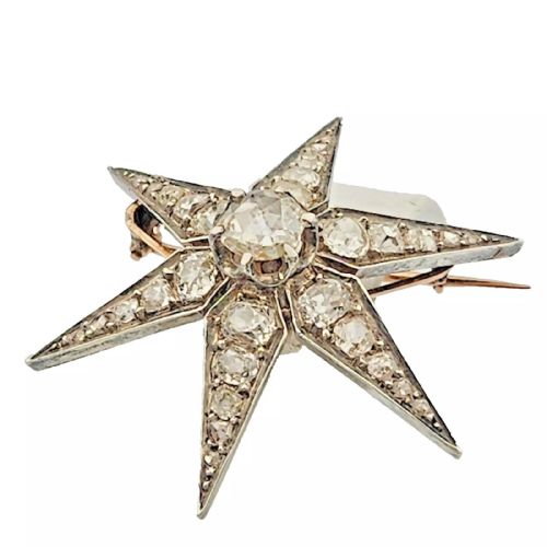 ANTIQUE VICTORIAN 372 CARAT OLD EUROPEAN CUT DIAMOND GOLD SILVER STAR BROOCH - ADDITIONAL PHOTO 9