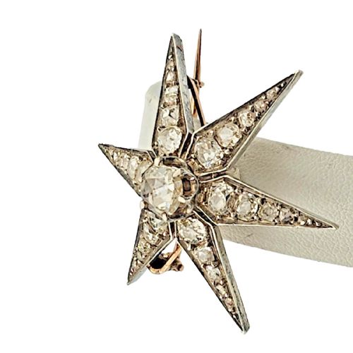 ANTIQUE VICTORIAN 372 CARAT OLD EUROPEAN CUT DIAMOND GOLD SILVER STAR BROOCH - ADDITIONAL PHOTO 10