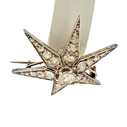 ANTIQUE VICTORIAN 372 CARAT OLD EUROPEAN CUT DIAMOND GOLD SILVER STAR BROOCH - ADDITIONAL PHOTO 11