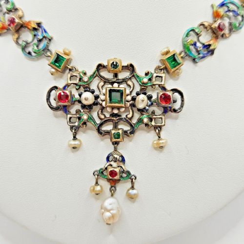IMPRESSIVE ANTIQUE AUSTRO HUNGARIAN SILVER ENAMEL PEARL MULTI GEM NECKLACE - ADDITIONAL PHOTO 1