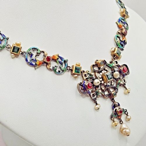 IMPRESSIVE ANTIQUE AUSTRO HUNGARIAN SILVER ENAMEL PEARL MULTI GEM NECKLACE - ADDITIONAL PHOTO 4