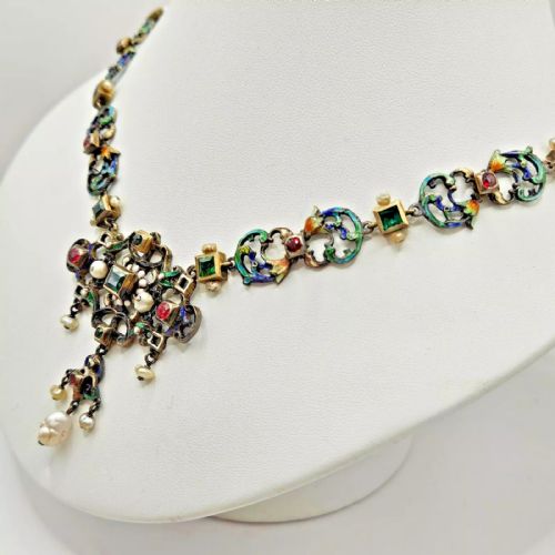 IMPRESSIVE ANTIQUE AUSTRO HUNGARIAN SILVER ENAMEL PEARL MULTI GEM NECKLACE - ADDITIONAL PHOTO 5