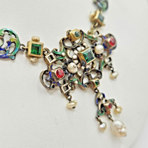 IMPRESSIVE ANTIQUE AUSTRO HUNGARIAN SILVER ENAMEL PEARL MULTI GEM NECKLACE - ADDITIONAL PHOTO 6