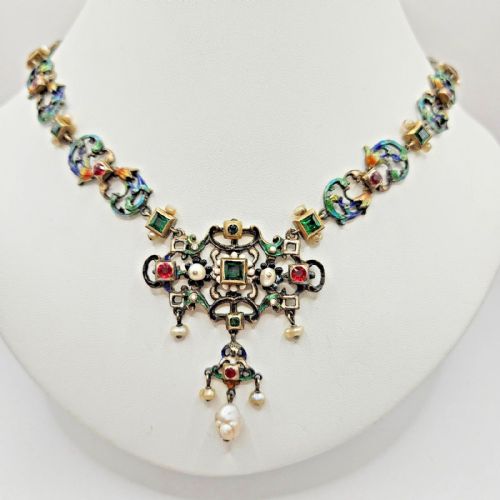 IMPRESSIVE ANTIQUE AUSTRO HUNGARIAN SILVER ENAMEL PEARL MULTI GEM NECKLACE - ADDITIONAL PHOTO 7