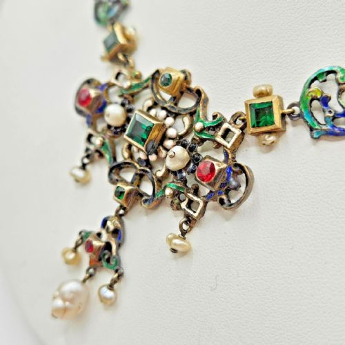 IMPRESSIVE ANTIQUE AUSTRO HUNGARIAN SILVER ENAMEL PEARL MULTI GEM NECKLACE - ADDITIONAL PHOTO 8