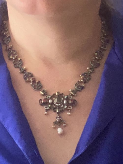 IMPRESSIVE ANTIQUE AUSTRO HUNGARIAN SILVER ENAMEL PEARL MULTI GEM NECKLACE - ADDITIONAL PHOTO 9