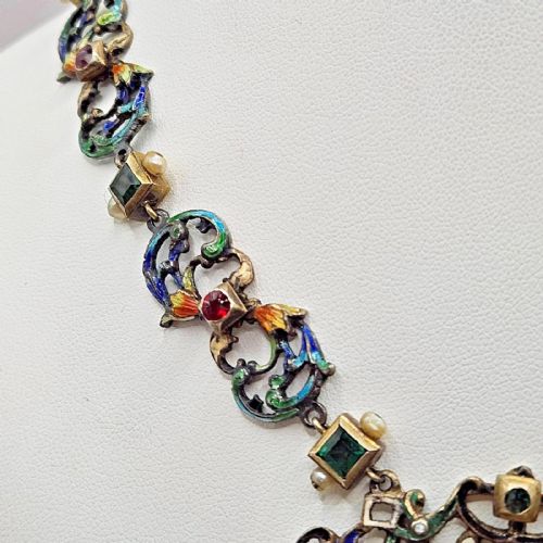 IMPRESSIVE ANTIQUE AUSTRO HUNGARIAN SILVER ENAMEL PEARL MULTI GEM NECKLACE - ADDITIONAL PHOTO 10