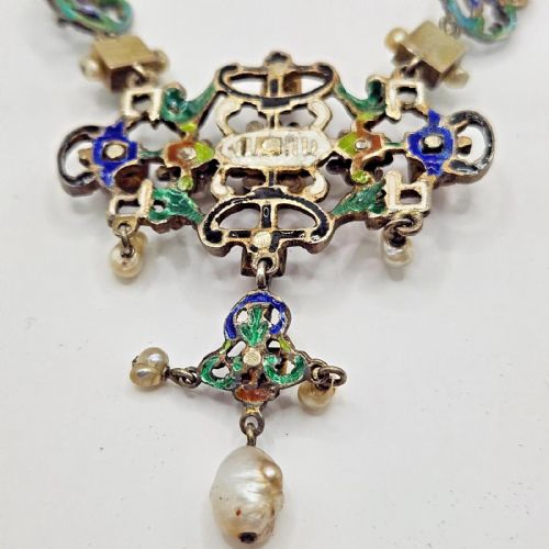 IMPRESSIVE ANTIQUE AUSTRO HUNGARIAN SILVER ENAMEL PEARL MULTI GEM NECKLACE - ADDITIONAL PHOTO 11