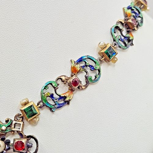 IMPRESSIVE ANTIQUE AUSTRO HUNGARIAN SILVER ENAMEL PEARL MULTI GEM NECKLACE - ADDITIONAL PHOTO 12