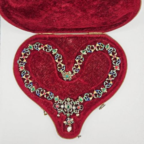 IMPRESSIVE ANTIQUE AUSTRO HUNGARIAN SILVER ENAMEL PEARL MULTI GEM NECKLACE - ADDITIONAL PHOTO 13
