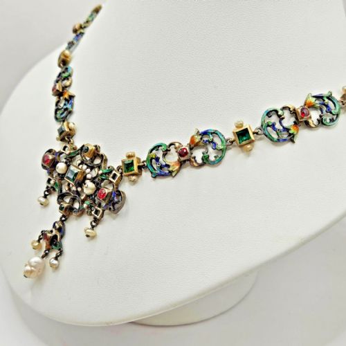 IMPRESSIVE ANTIQUE AUSTRO HUNGARIAN SILVER ENAMEL PEARL MULTI GEM NECKLACE - ADDITIONAL PHOTO 14