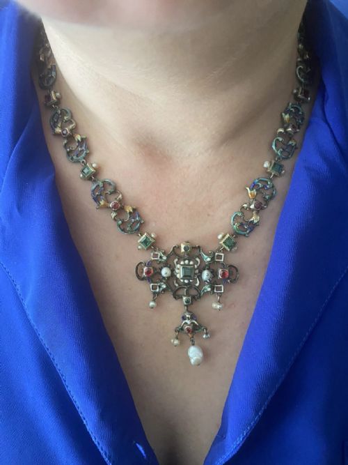 IMPRESSIVE ANTIQUE AUSTRO HUNGARIAN SILVER ENAMEL PEARL MULTI GEM NECKLACE - ADDITIONAL PHOTO 15