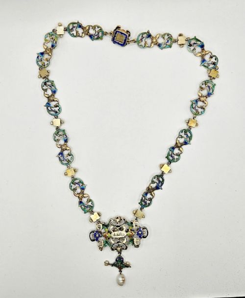 IMPRESSIVE ANTIQUE AUSTRO HUNGARIAN SILVER ENAMEL PEARL MULTI GEM NECKLACE - ADDITIONAL PHOTO 16