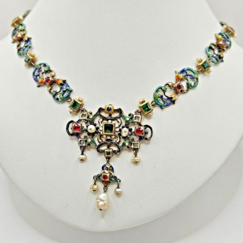 IMPRESSIVE ANTIQUE AUSTRO HUNGARIAN SILVER ENAMEL PEARL MULTI GEM NECKLACE - ADDITIONAL PHOTO 20