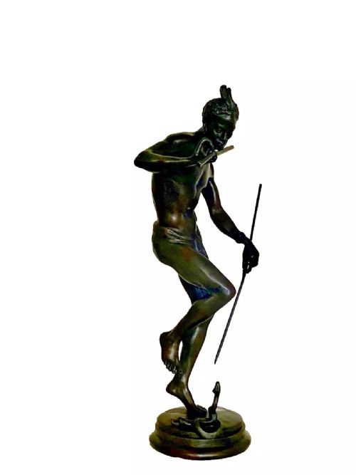ANTIQUE BRONZE SCULPTURE THE SNAKE CHARMER CHARLES ARTHUR BOURGEOIS CA 19TH C - ADDITIONAL PHOTO 3