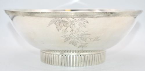 sterling silver bowl engraved inside out with leaf strawberry decoration - CATEGORY: ANTIQUE SILVER - DATED 19TH CENTURY