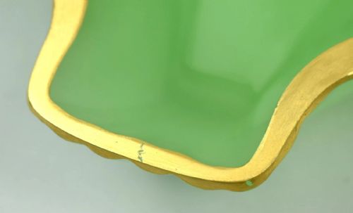 PAIR LARGE ANTIQUE FRENCH GREEN OPALINE GLASS SCALLOP SHELL DISHES GILT EDGE - ADDITIONAL PHOTO 3