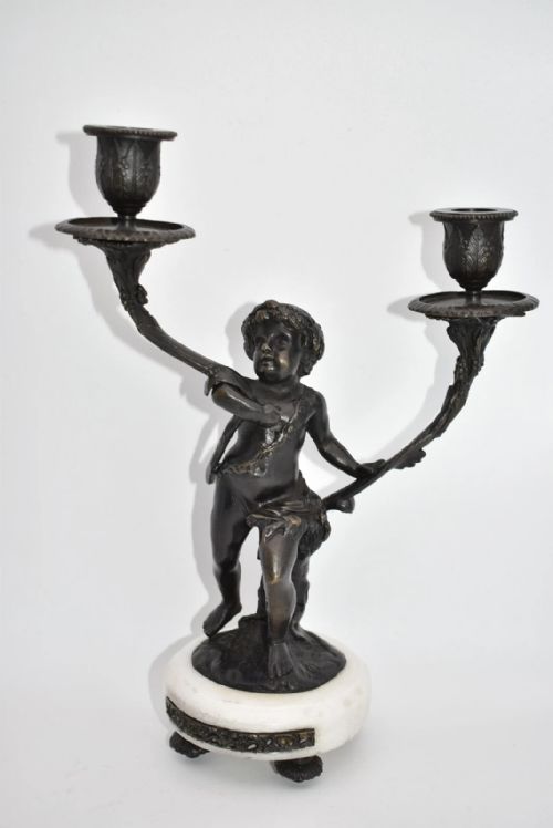 PAIR OF FRENCH BRONZE PUTTIS FIGURES ON MARBLE BASE CANDLE HOLDERS - ADDITIONAL PHOTO 1