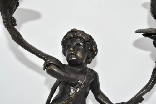 PAIR OF FRENCH BRONZE PUTTIS FIGURES ON MARBLE BASE CANDLE HOLDERS - ADDITIONAL PHOTO 2