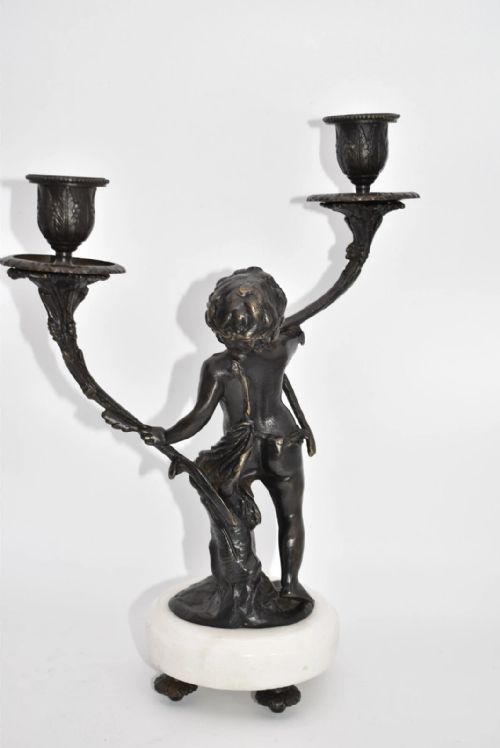 PAIR OF FRENCH BRONZE PUTTIS FIGURES ON MARBLE BASE CANDLE HOLDERS - ADDITIONAL PHOTO 4