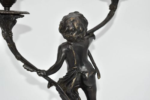 PAIR OF FRENCH BRONZE PUTTIS FIGURES ON MARBLE BASE CANDLE HOLDERS - ADDITIONAL PHOTO 5