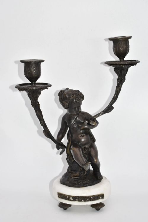 PAIR OF FRENCH BRONZE PUTTIS FIGURES ON MARBLE BASE CANDLE HOLDERS - ADDITIONAL PHOTO 7