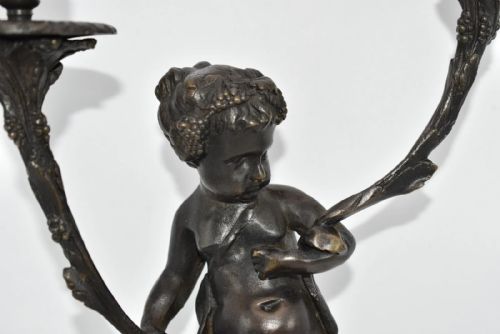 PAIR OF FRENCH BRONZE PUTTIS FIGURES ON MARBLE BASE CANDLE HOLDERS - ADDITIONAL PHOTO 8