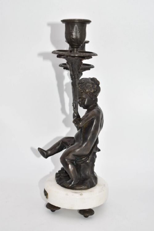 PAIR OF FRENCH BRONZE PUTTIS FIGURES ON MARBLE BASE CANDLE HOLDERS - ADDITIONAL PHOTO 11