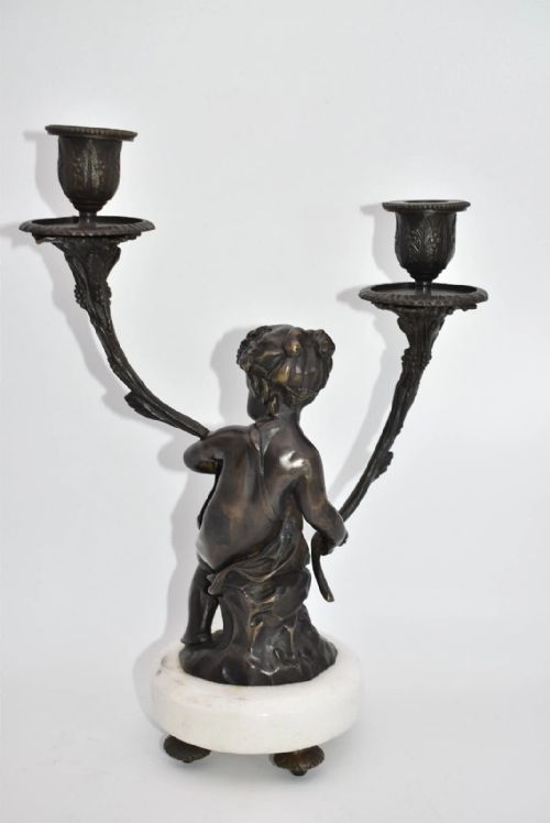 PAIR OF FRENCH BRONZE PUTTIS FIGURES ON MARBLE BASE CANDLE HOLDERS - ADDITIONAL PHOTO 12