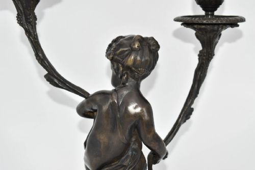 PAIR OF FRENCH BRONZE PUTTIS FIGURES ON MARBLE BASE CANDLE HOLDERS - ADDITIONAL PHOTO 13