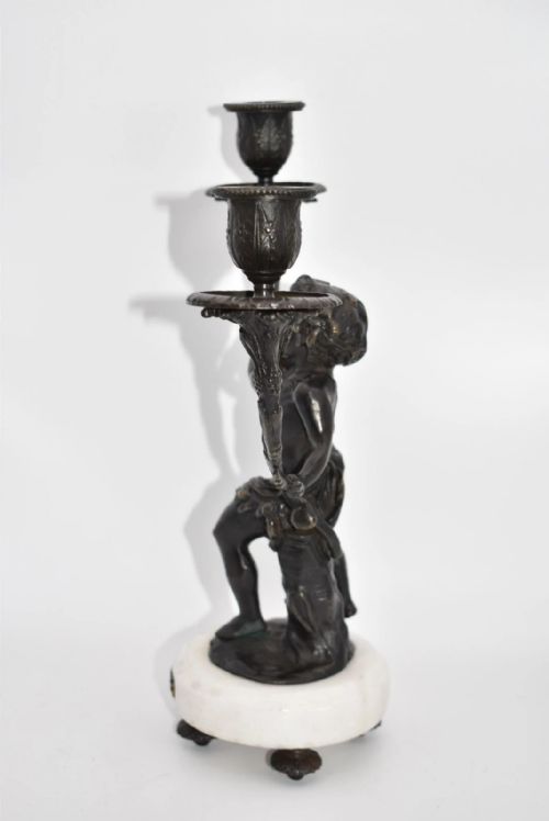 PAIR OF FRENCH BRONZE PUTTIS FIGURES ON MARBLE BASE CANDLE HOLDERS - ADDITIONAL PHOTO 15