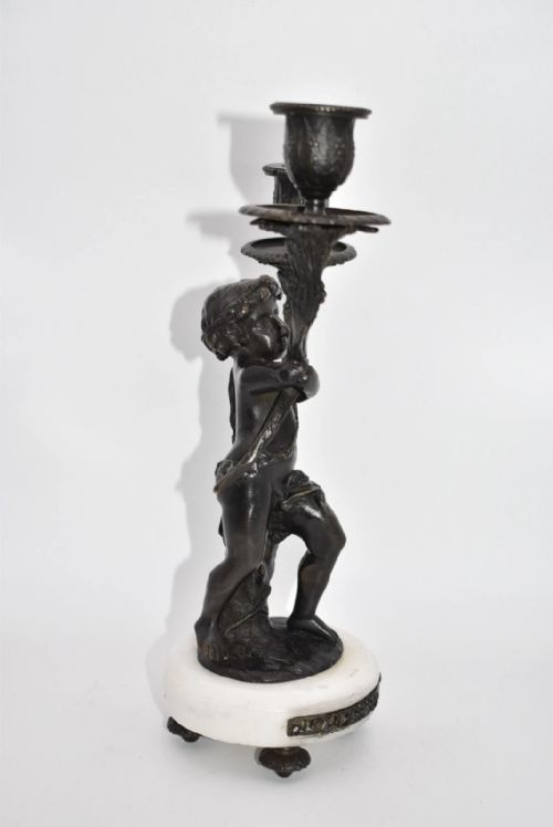 PAIR OF FRENCH BRONZE PUTTIS FIGURES ON MARBLE BASE CANDLE HOLDERS - ADDITIONAL PHOTO 16