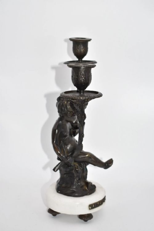PAIR OF FRENCH BRONZE PUTTIS FIGURES ON MARBLE BASE CANDLE HOLDERS - ADDITIONAL PHOTO 17