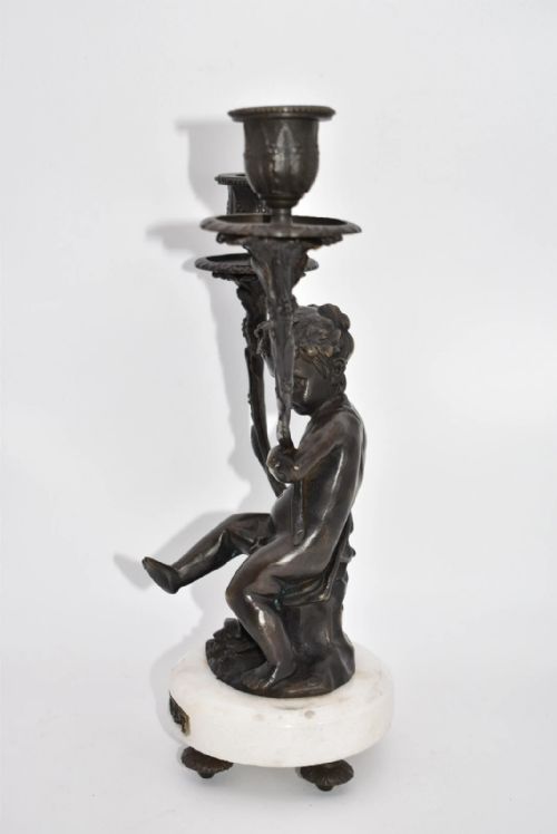 PAIR OF FRENCH BRONZE PUTTIS FIGURES ON MARBLE BASE CANDLE HOLDERS - ADDITIONAL PHOTO 18