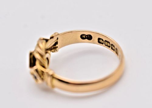 VICTORIAN 18CT GOLD LOVERS KNOT RING SET WITH THREE DIAMONDS HM WL BHAM 1894 - ADDITIONAL PHOTO 9
