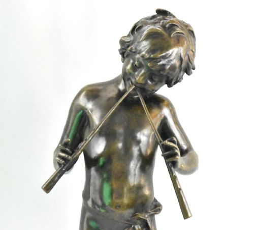 A LARGE ANTIQUE BRONZE SCULPTURE OF FLUTE PLAYER SIGNED AUG MOREAU FRENCH 19THC - ADDITIONAL PHOTO 1