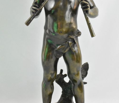A LARGE ANTIQUE BRONZE SCULPTURE OF FLUTE PLAYER SIGNED AUG MOREAU FRENCH 19THC - ADDITIONAL PHOTO 2
