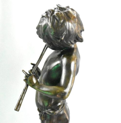 A LARGE ANTIQUE BRONZE SCULPTURE OF FLUTE PLAYER SIGNED AUG MOREAU FRENCH 19THC - ADDITIONAL PHOTO 5