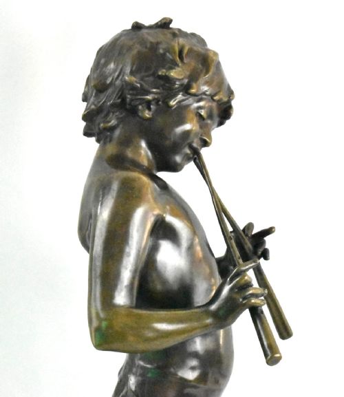 A LARGE ANTIQUE BRONZE SCULPTURE OF FLUTE PLAYER SIGNED AUG MOREAU FRENCH 19THC - ADDITIONAL PHOTO 12