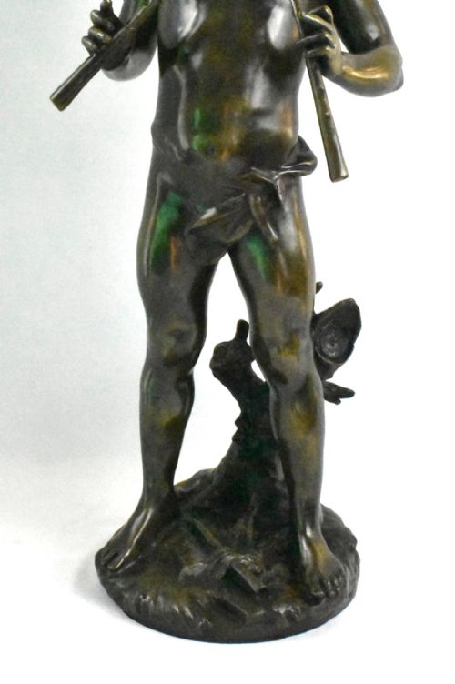 A LARGE ANTIQUE BRONZE SCULPTURE OF FLUTE PLAYER SIGNED AUG MOREAU FRENCH 19THC - ADDITIONAL PHOTO 14