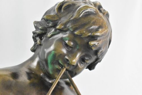 A LARGE ANTIQUE BRONZE SCULPTURE OF FLUTE PLAYER SIGNED AUG MOREAU FRENCH 19THC - ADDITIONAL PHOTO 15
