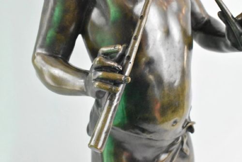 A LARGE ANTIQUE BRONZE SCULPTURE OF FLUTE PLAYER SIGNED AUG MOREAU FRENCH 19THC - ADDITIONAL PHOTO 16