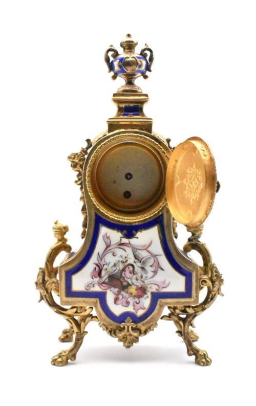 ANTIQUE MINIATURE FRENCH VERMEIL GILT STERLING SILVER ENAMEL CLOCK CA 19THC - ADDITIONAL PHOTO 4