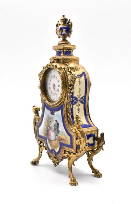 ANTIQUE MINIATURE FRENCH VERMEIL GILT STERLING SILVER ENAMEL CLOCK CA 19THC - ADDITIONAL PHOTO 6