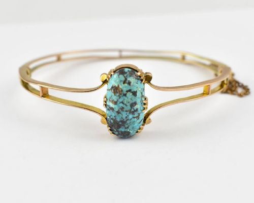 ANTIQUE EDWARDIAN 9CT YELLOW GOLD TURQUOISE BANGLE C1900 SOLID 9CT YELLOW GOLD - ADDITIONAL PHOTO 1