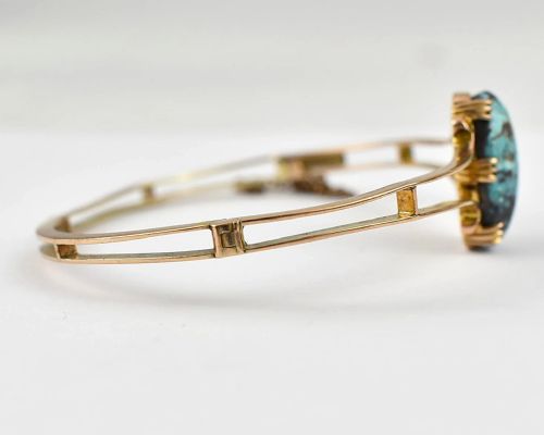 ANTIQUE EDWARDIAN 9CT YELLOW GOLD TURQUOISE BANGLE C1900 SOLID 9CT YELLOW GOLD - ADDITIONAL PHOTO 2