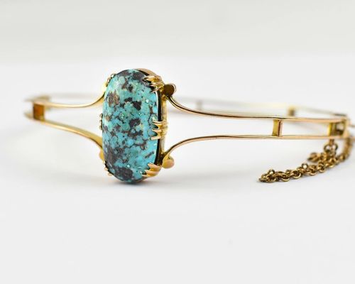 ANTIQUE EDWARDIAN 9CT YELLOW GOLD TURQUOISE BANGLE C1900 SOLID 9CT YELLOW GOLD - ADDITIONAL PHOTO 7
